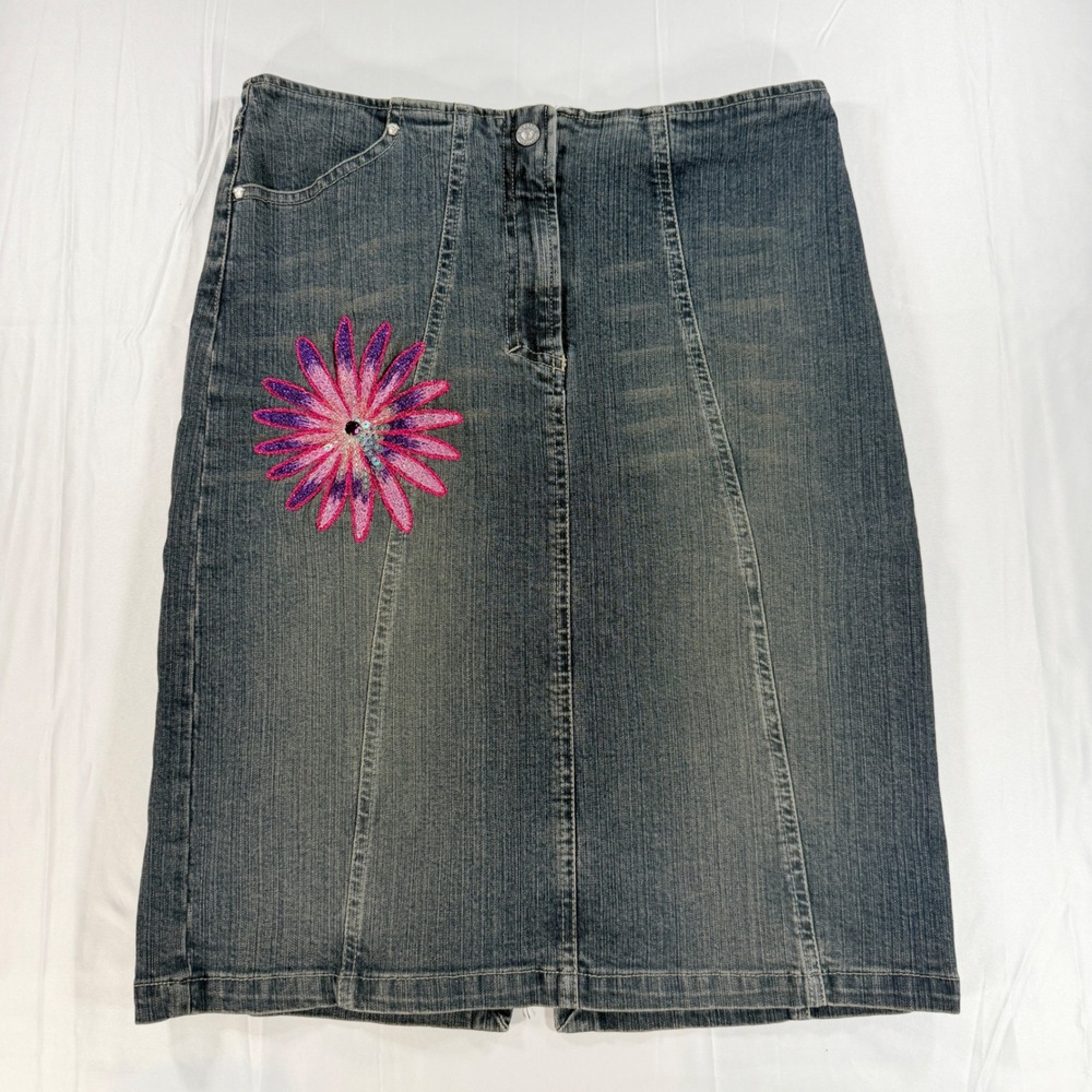 Vintage Versace Jeans Couture Y2K Denim Skirt Sequin Embroidered Flower 26